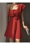 Stretchy Diver Fabric Shoulder Detail Design Belted Mini Evening Dress 582093 Bordo