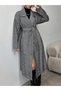 Women's Double Collar Fish Back Patterned Belted Checked Midi Coat Zyn-58717 - 3