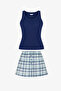 Navy Blue Mira Checked Plaid Shorts Pajama Set - 5