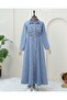 Denim Dress with Elastic Waist and Side Pockets - Ice Blue - 6