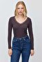 Women's Lace Detailed V-Neck Ribbed Long Sleeve Blouse - 2
