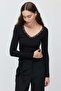 Women's Lace Detailed V-Neck Ribbed Long Sleeve Blouse - 2