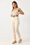 Beige Linen Fabric High Waist Comfortable Cut Casual Trousers with Belt and Half Lining - 3