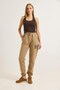 Mink Colored, Three-Threaded, Flexible, Textured, Elastic-Waisted, Comfortable-Fitting Pants with Embroidery Details.