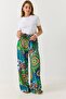 Green Viscose Fabric Elastic Waist Adjustable Loose Mixed Patterned Self-Belted Trousers - 2