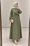 Hijab Knitted Linen Dress with Belt Sage Green - 2