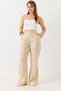 Beige Fabric Elastic Waist Flared Trousers with Double Buttons and Adjustable Detail - 2