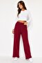 Burgundy Wrinkled Textured Elastic Waist Comfortable Cut Polyester Fabric Wide Leg Pants - 2