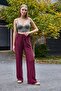 Burgundy Wrinkled Textured Elastic High Waist Loose Cut Flowy Comfortable Fit Pants - 3