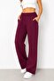 Burgundy Cotton Blend High Waist Wide Adjustable Leg Pockets Relaxed Fit Sweatpants - 2