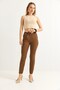 Brown Crepe Fabric Elastic Waist Striped Patterned Narrow Leg Pocketed Form Pants - 3