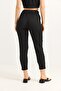Black Wrinkled Knitted Fabric Elastic High Waist Comfortable Cut Pants with Tie Detail - 5