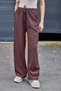 Brown Wrinkled Textured Elastic Waist Loose Fit Comfortable Cut Wide Leg Trousers - 4