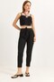 Black Wrinkled Knitted Fabric Elastic High Waist Comfortable Cut Pants with Tie Detail - 3