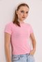 Pink Cotton Lycra Stretch Fabric Crew Neck Short Sleeve Compact Striped T-Shirt - 5