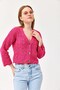 Fuchsia Acrylic Knitted Balloon Sleeve Crop Form Button Detailed Knitted Patterned Knitwear Cardigan - 3