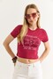 Burgundy Cotton Blend Crew Neck Short Sleeve Crop Form Starfish Printed T-Shirt - 4
