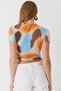 Blue Stretchy Textured Crew Neck Short Sleeve Draped Digital Printed Colorful T-Shirt - 5