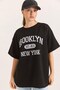 Black Two Thread Crew Neck Drop Shoulder Oversize Brooklyn Printed Short Sleeve T-Shirt