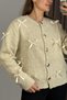 Beige Knitwear Textured Crew Neck Long Sleeve Standard Cut Cardigan with Ribbon and Gold Buttons - 5