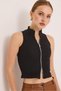 Black Cotton Ribbed Stretch Knit Fabric High Neck Sleeveless Zipper Detailed Slim Fit Blouse - 5
