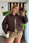 Brown Polyester Fabric Polo Collar Lined Quilted Velvet Textured Oversized Jacket - 3
