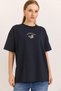 Navy Blue Two-Thread Stretch Fabric Crew Neck Oversize Drop Shoulder Duck Embroidered T-Shirt