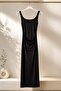 Black Stretchy Fabric Square Neckline Dress with Gathered Side Slits and Body-Fitting Design