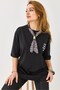 Black Cotton Crew Neck Drop Shoulder Oversize Knitted T-Shirt with Scarf and Lettering Embroidery Detail - 2