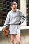 Gray Knitted Fabric Crew Neck Drop Shoulder Zippered Side Pockets Elastic Waist Bomber Jacket
