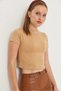 Mink Cotton Flexible Textured Crew Neck Short Sleeve Slim Fit Crop Blouse - 2