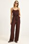 Brown Modal Fabric Thin Straps Waist Belted Side Pockets Relaxed Fit Wide Leg Jumpsuit