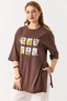 Brown Cotton Woven Crew Neck Drop Shoulder Oversize Side Slit Printed T-Shirt - 2