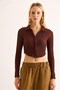 Brown Corded Camisole Polo Collar Long Sleeve Crop Blouse with Zipper Detail