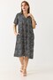 Black Patterned Woven Fabric Polo Collar Short Sleeve Dress with Pockets Relaxed Fit Midi Length Dress