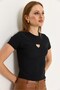 Black Ribbed Knitted Fabric Crew Neck Short Sleeve Heart Window Detail Slim Fit Blouse - 3