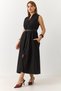 Black Stretch Fabric High Collar A-Line Dress with Leather Belt Detail and Modern Design - 3