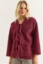 Burgundy Cashmere Fabric V-Neck Standard Cut Long Sleeve Jacket with Three-Tie Detail on the Front