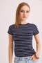 Navy Blue Cotton Lycra Stretch Fabric Crew Neck Short Sleeve Compact Striped T-Shirt - 5