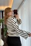Black and White Viscose Stretch Fabric Boat Neck Bat Sleeve Gathered Side Striped Blouse - 3