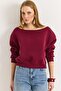 Burgundy Three-Threaded Ribbed Boat Neck Long Sleeve Ribbed Detailed Relaxed Fit Sweatshirt - 3