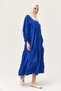 Navy Blue Viscose Fabric Collar with Drawstring Long Sleeve Wide Cut Layered Model Dress - 2