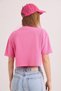 Pink Cotton Two Yarn Fabric Crew Neck Short Sleeve Relaxed Fit Crop Blouse - 2
