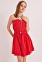 Red Cotton Woven Fabric Strapless Neckline Mini Length Dress with Low Back Detail - 5