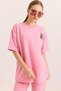 Pink Two-Strand Fabric Crew Neck Drop Shoulder Oversized Teddy Bear Embroidered Short Sleeve T-Shirt - 3
