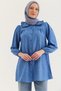 Blue Linen Fabric Baby Collar Long Sleeve Buttoned Relaxed Fit Shirt Detailed Tunic - 5