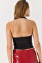 Black Polyester Lycra Stretch Fabric Strapless Blouse with Gold Buckle Detail on the Back - 6