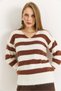 Brown Beard Soft Textured V-Neck Off-Shoulder Loose Fit Striped Knitted Sweater - 2