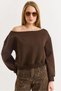 Brown Three-Thread Ribbed Boat Neck Off-Shoulder Ribbed Detailed Relaxed Fit Sweatshirt