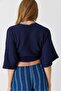 Navy Blue Goofre Textured Bat Sleeve Comfortable Fit Front Tie V-Neck Crop Blouse - 4